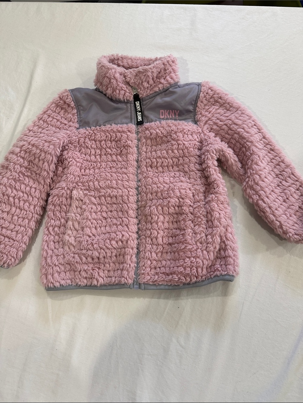 DKNY Pink Sherpa Puffer Jacket with Gray Shoulder Panels